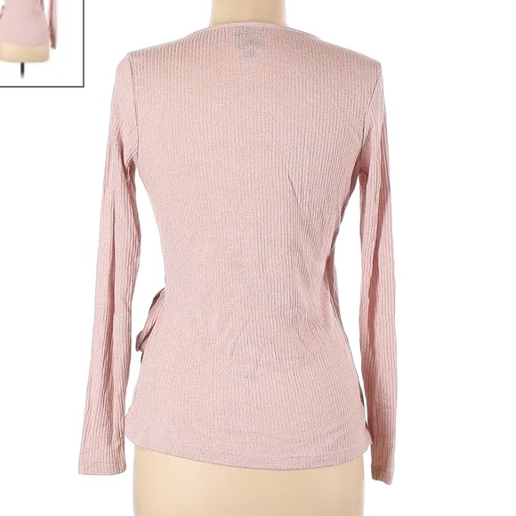 Balletcore Wrap Side Tie Long Sleeve Top | Bobeau Dusty Rose Pink Ribbed Sweater - Picture 3 of 16